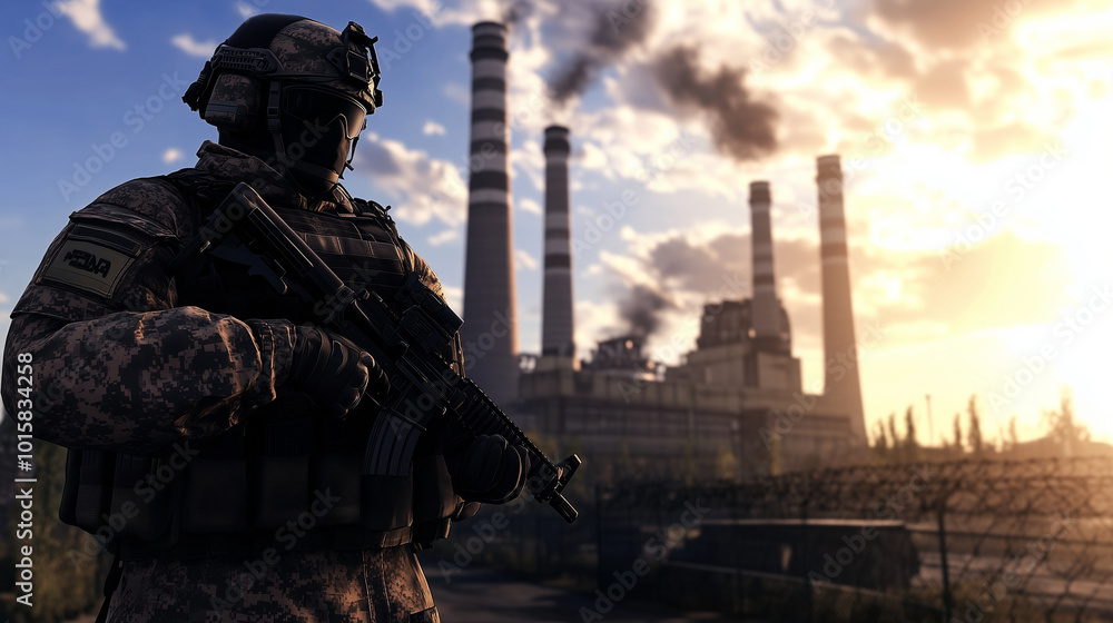 In the warm sunlight, a soldier with a rifle slung across his chest stands guard in front of a nuclear power plant, the immense reactors rising against a bright blue sky, symbolizi In the warm sunlight, a soldier with a rifle slung across his chest stands guard in front of a nuclear power plant, the immense reactors rising against a bright blue sky, symbolizi