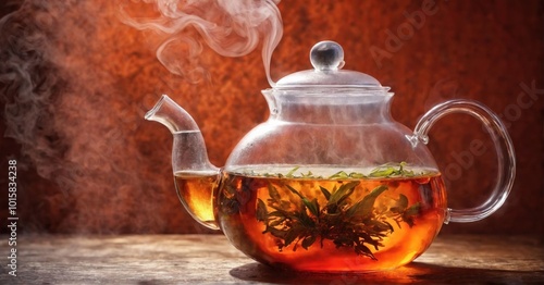 Freshly brewed tea in a glass teapot, steam rising, vibrant color