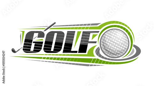 Vector logo for Golf Sport, decorative horizontal banner with outline illustration of hitting golf ball, flying on trajectory in goal on white background and unique brush lettering for black word golf