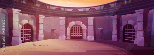 Empty ancient roman round gladiator arena with lattice gates, stone walls and sandy floor. Cartoon vector game ui design background for battle fighting. Spartan warrior fight competition place.