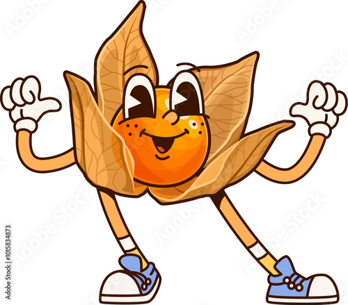 Groovy tropical physalis fruit character with a wide smile, pointing on itself, sporting vintage shoes and standing confidently. Isolated cartoon vector fruit embodies energetic tropical citrusy vibes