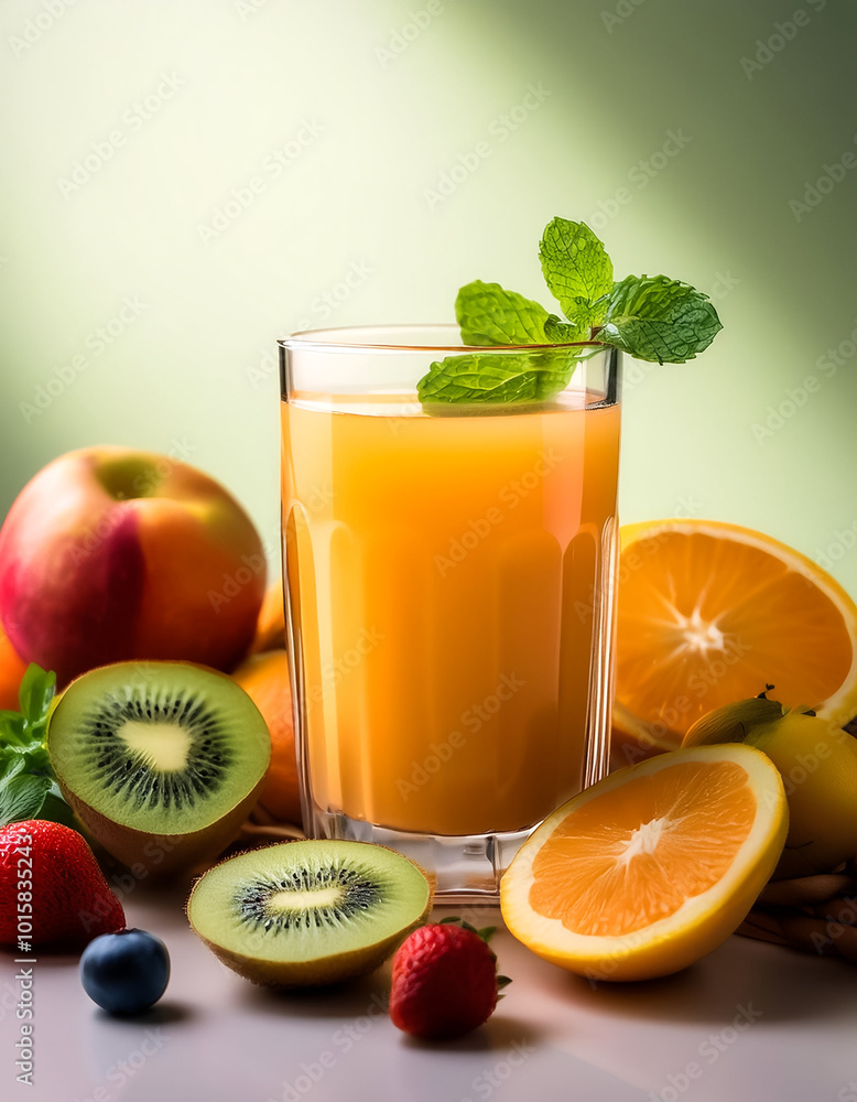 glass of fresh juice placed on a table, surrounded by fresh fruits and mint leaves glass of fresh juice placed on a table, surrounded by fresh fruits and mint leaves