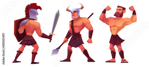 Rome gladiator with shield. Ancient soldier vector. Greek empire spartan people for army with sword. Roman military man holding spear weapon. Antique culture and history isolated icons design