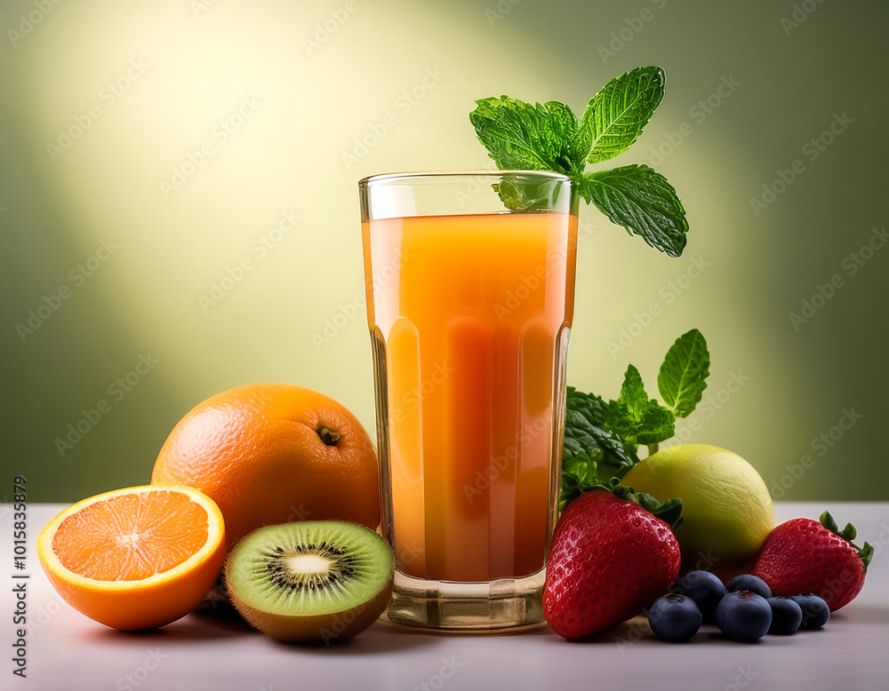 glass of fresh juice placed on a table, surrounded by fresh fruits and mint leaves glass of fresh juice placed on a table, surrounded by fresh fruits and mint leaves