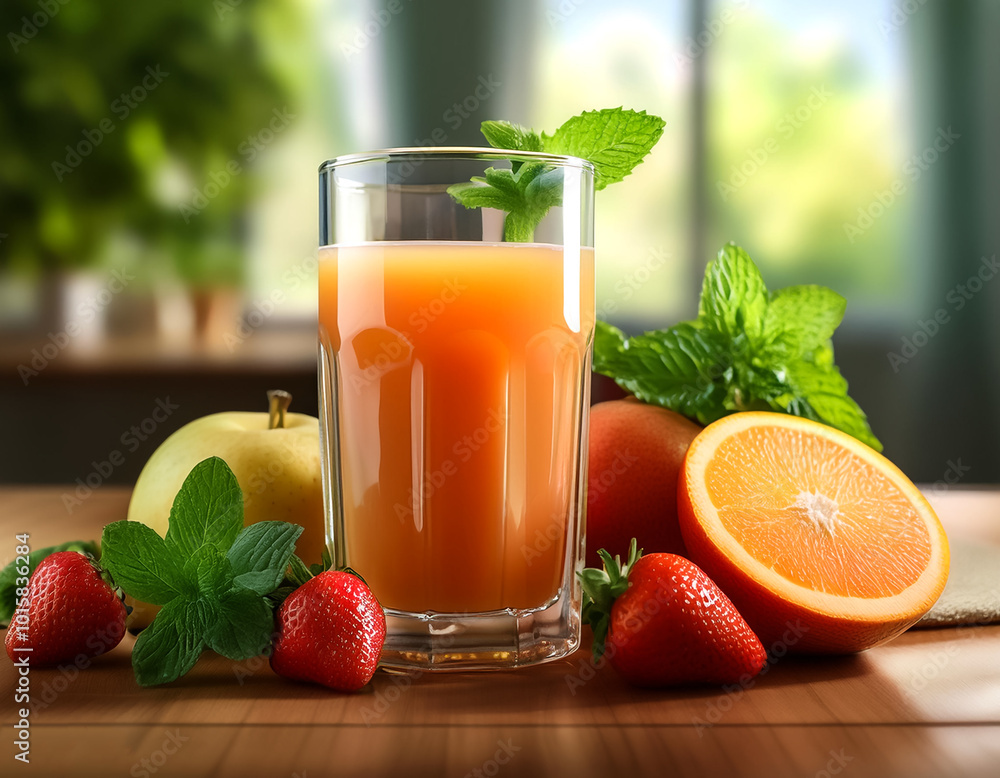 glass of fresh juice placed on a table, surrounded by fresh fruits and mint leaves glass of fresh juice placed on a table, surrounded by fresh fruits and mint leaves