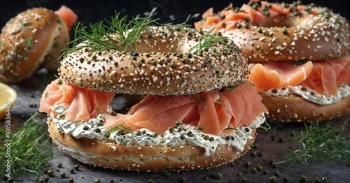 Gourmet bagel with smoked salmon, cream cheese, capers