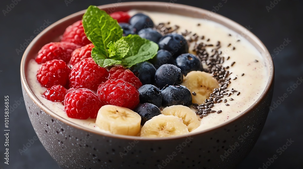 Fresh, nutrient-rich vegan smoothie bowl topped with fruits and seeds, highlighting health, vegan day, nutrition fresh Fresh, nutrient-rich vegan smoothie bowl topped with fruits and seeds, highlighting health, vegan day, nutrition fresh