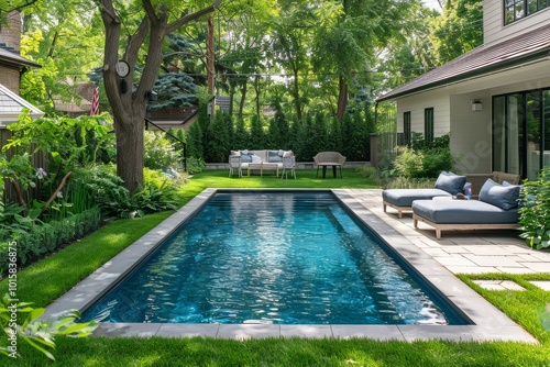 Wallpaper Mural Charming small backyard featuring a blue rectangular swimming pool and green grass, patio furniture on stone pavers, and a tree-lined street on a beautiful summer day. Torontodigital.ca