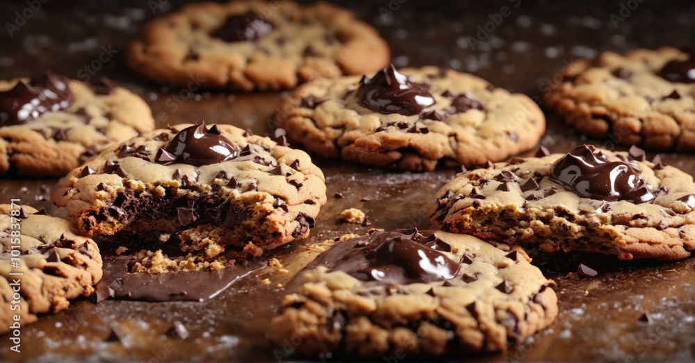 Freshly baked cookies with gooey chocolate centers, vibrant colors Freshly baked cookies with gooey chocolate centers, vibrant colors