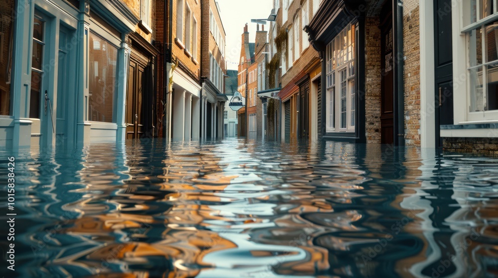 A flooded street in a coastal city with water halfway up the doors of ...