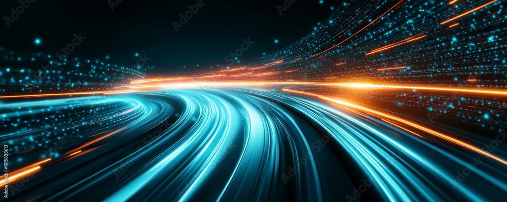 Dynamic light trails on dark background, representing speed and innovation. Dynamic light trails on dark background, representing speed and innovation.