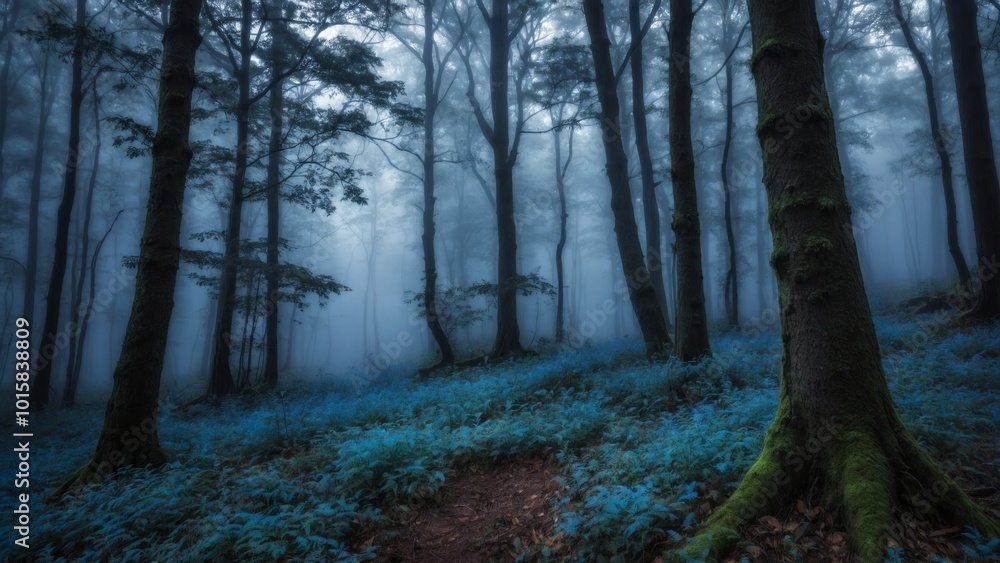 Obraz premium dark blue forest with green trees