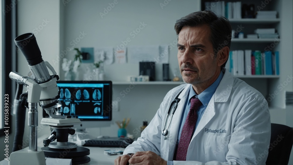 male doctor working on computer in office at night. male doctor working on computer in office at night.