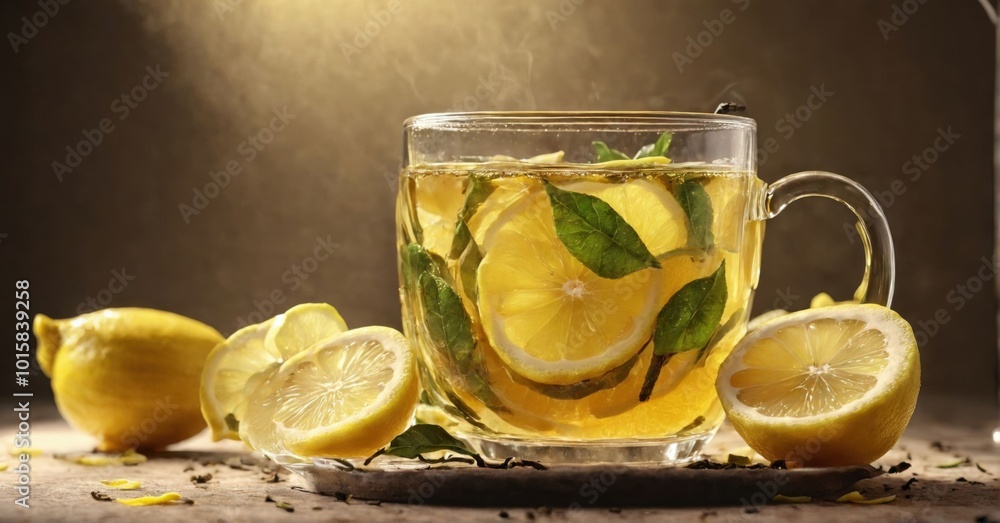 Freshly brewed tea with vibrant lemon slices, ultra-detailed Freshly brewed tea with vibrant lemon slices, ultra-detailed