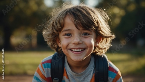 portrait of smiling boy in summer park, looking at camera. boy with backpack on head