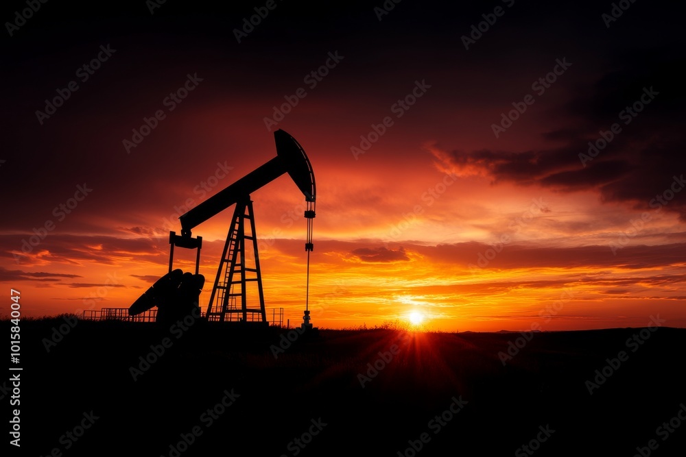 Oil pump jack silhouette against a colorful sunset sky. Oil pump jack silhouette against a colorful sunset sky.