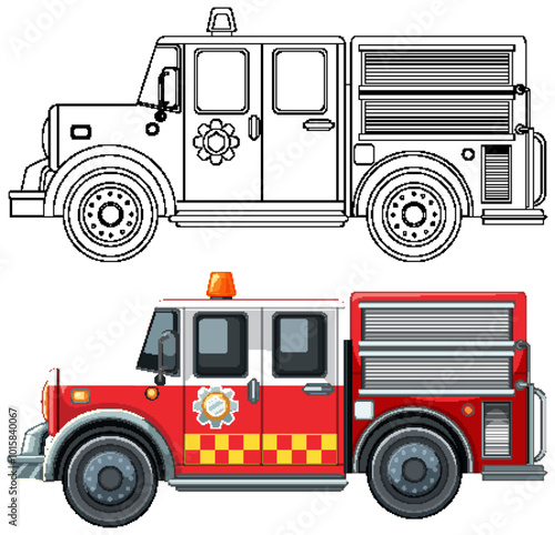 Colorful and Outline Fire Truck Illustration