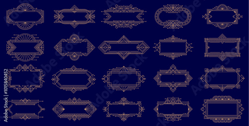 Vintage art deco ornament golden frames and borders of elegant line, vector set. Vintage art deco golden frames of geometric line ornament, modern or antique ornate borders and decoration elements