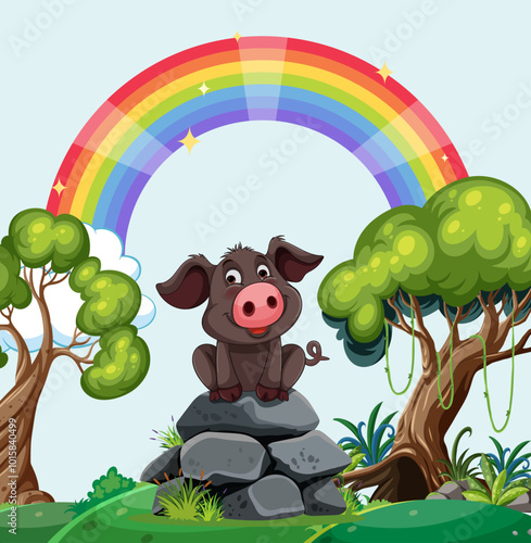 Happy Pig Under Rainbow