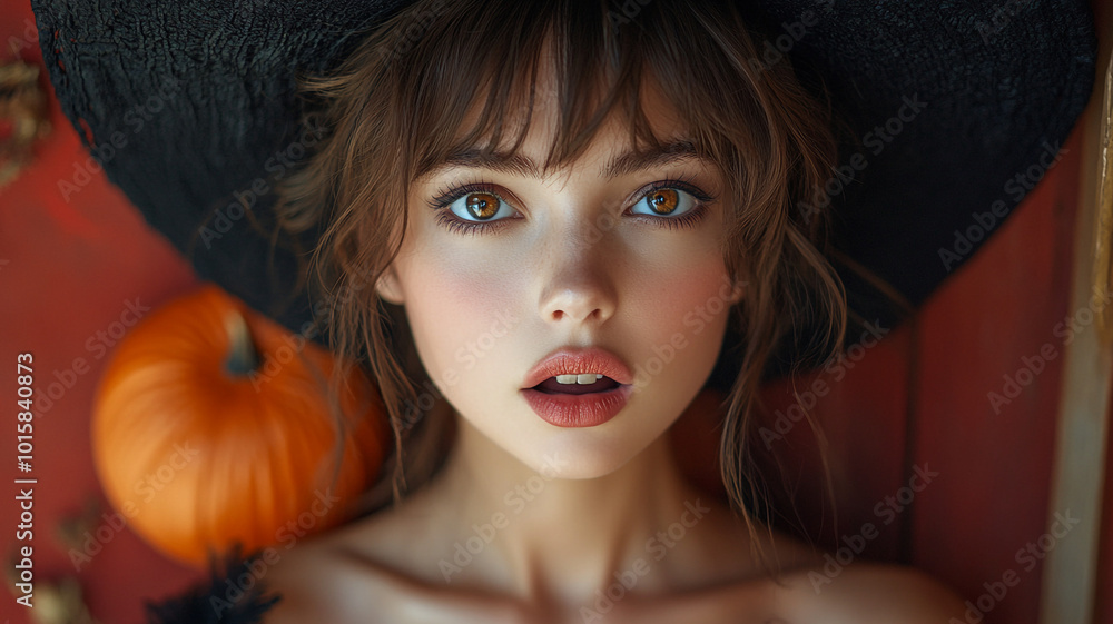 A young girl in a black witch costume. Red background. A young girl in a black witch costume. Red background.