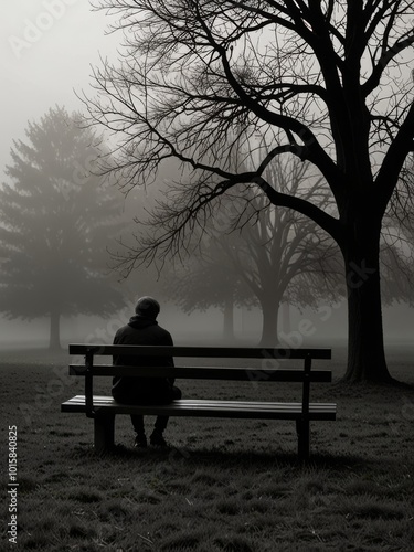 Solitude in the Mist black and white bench and tree