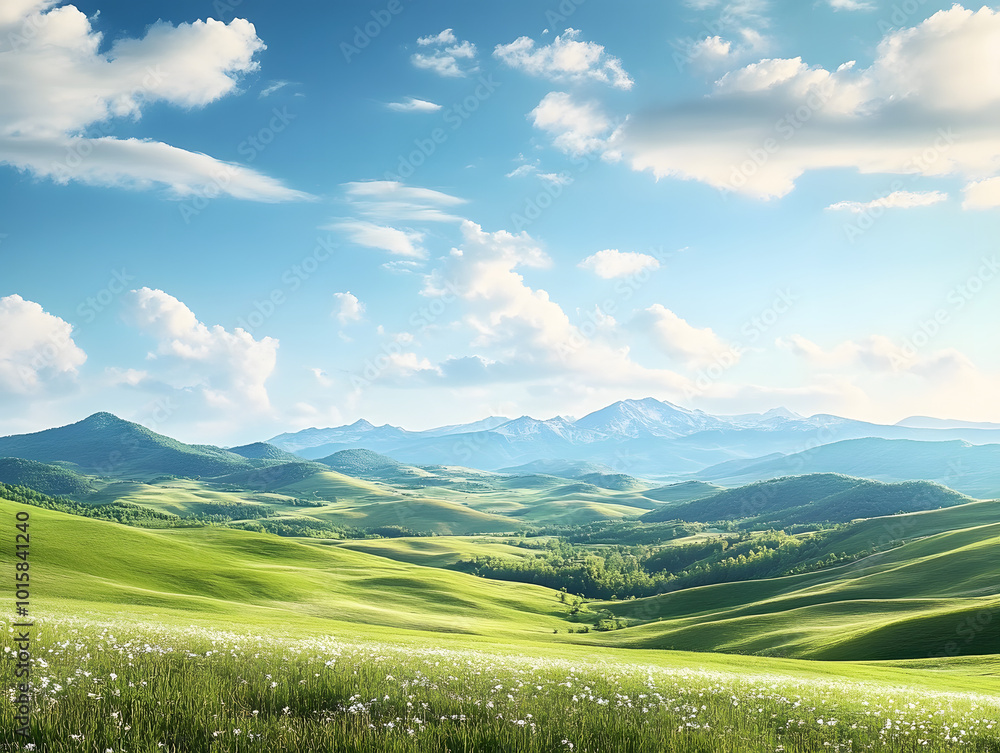 Obraz premium A tranquil countryside scene with rolling green hills, a clear blue sky dotted with fluffy clouds, and a peaceful meadow of grass, capturing the natural beauty and serenity of a mountainous landscape