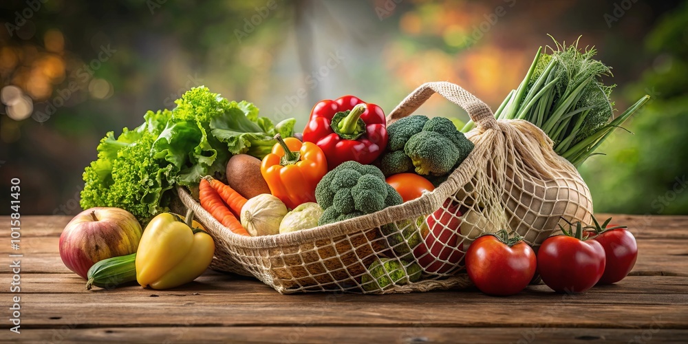 A vibrant collection of fresh produce spilling from a mesh bag, showcasing the abundance of nature's bounty. A vibrant collection of fresh produce spilling from a mesh bag, showcasing the abundance of nature's bounty.