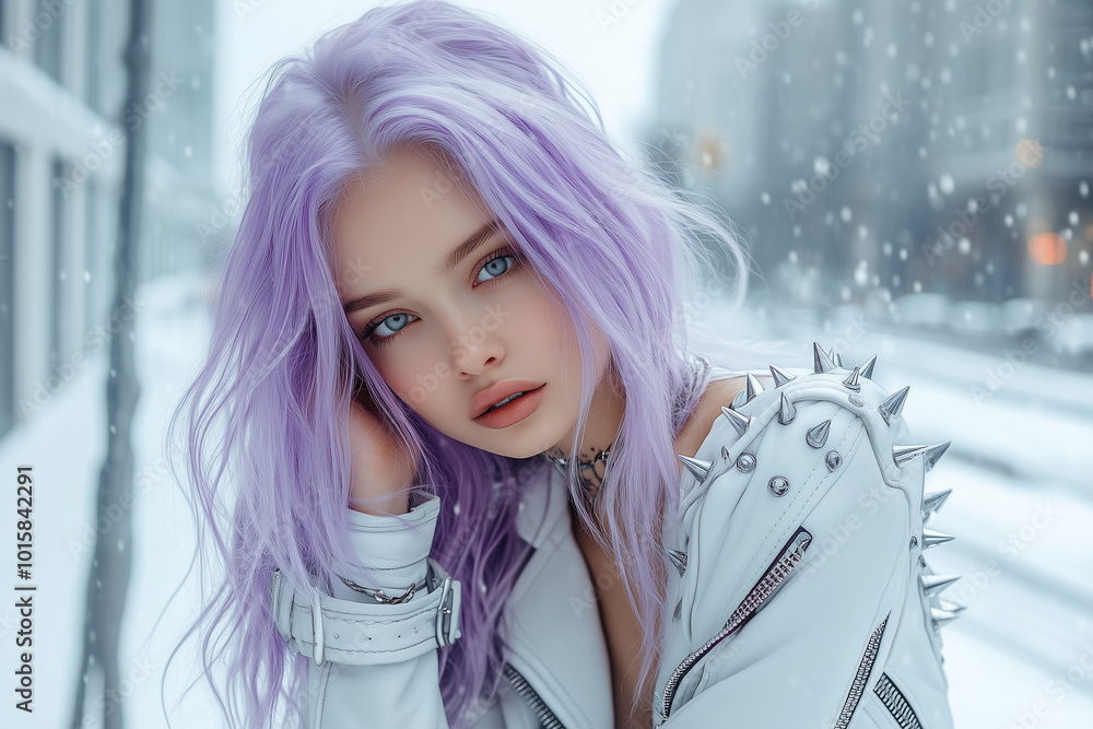 Girl with pink long hair in a white leather jacket posing on the futuristic city street. Girl with pink long hair in a white leather jacket posing on the futuristic city street.