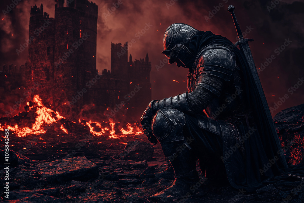 Tired knight sitting on a burning fallen medieval castle background. Tired knight sitting on a burning fallen medieval castle background.