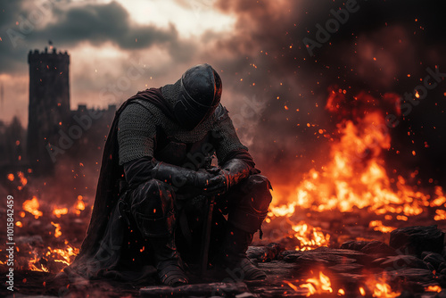 Tired knight sitting on a burning fallen medieval castle background.