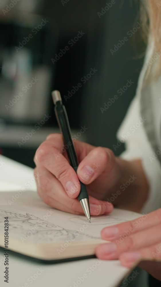 Person is sketching in notebook while working remotely at desk with laptop. Freelance work at home office. Graphic designer drawing sketch Person is sketching in notebook while working remotely at desk with laptop. Freelance work at home office. Graphic designer drawing sketch