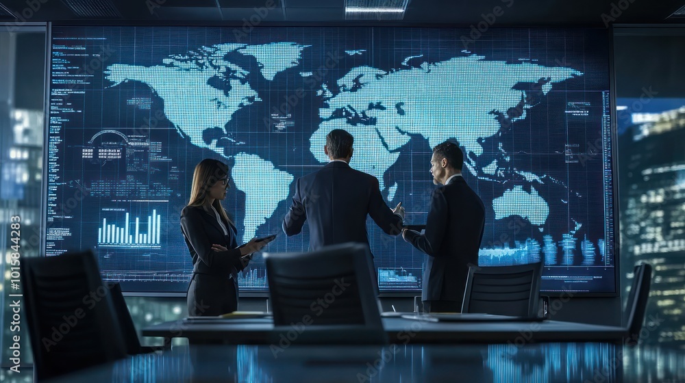 A team of international business leaders discussing global partnerships, high-tech office space with world maps and charts A team of international business leaders discussing global partnerships, high-tech office space with world maps and charts