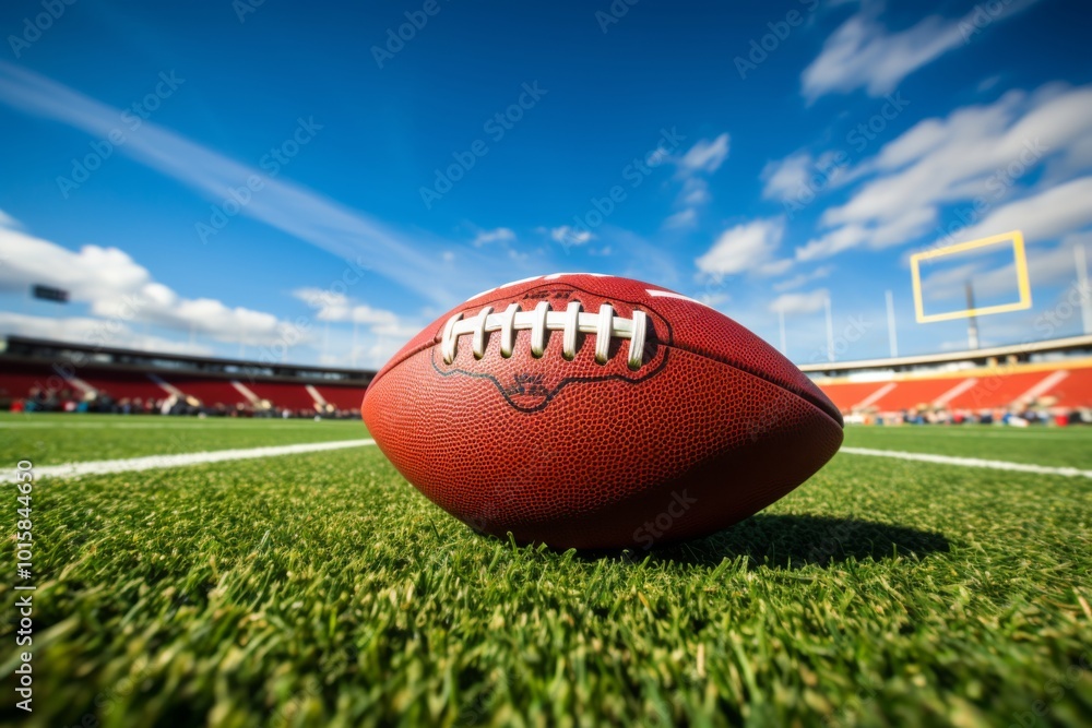 Obraz premium American football on the field with white lines and background, sports concept. Photorealistic landscape.