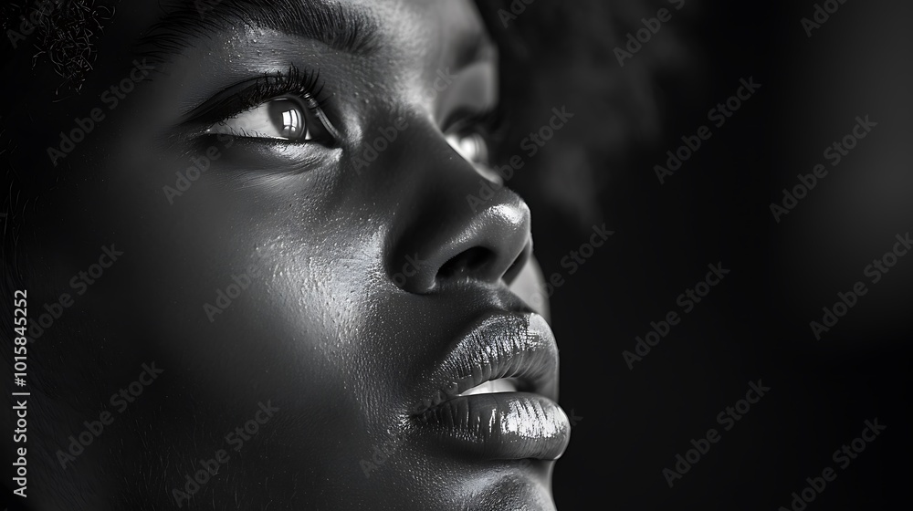 A close-up black and white portrait of a model gazing off into the distance, with dramatic lighting emphasizing the sharp contrast between light and shadow. 8k UHD, suitable for high-quality A close-up black and white portrait of a model gazing off into the distance, with dramatic lighting emphasizing the sharp contrast between light and shadow. 8k UHD, suitable for high-quality