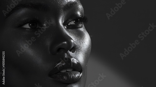 A close-up black and white portrait of a model gazing off into the distance, with dramatic lighting emphasizing the sharp contrast between light and shadow. 8k UHD, suitable for high-quality 