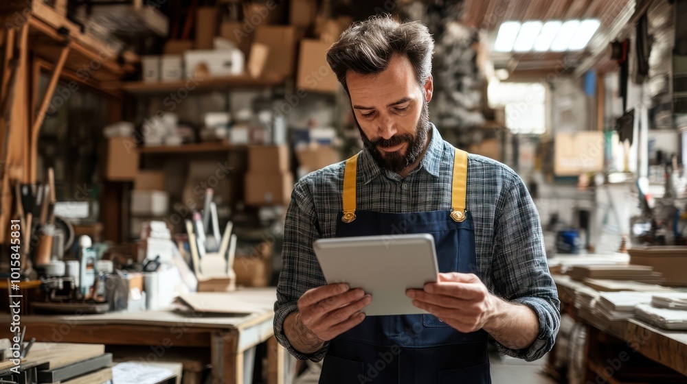 Fototapeta premium A tech-savvy small business owner using a tablet to manage online orders in a modern workshop, creative environment, tools and materials visible