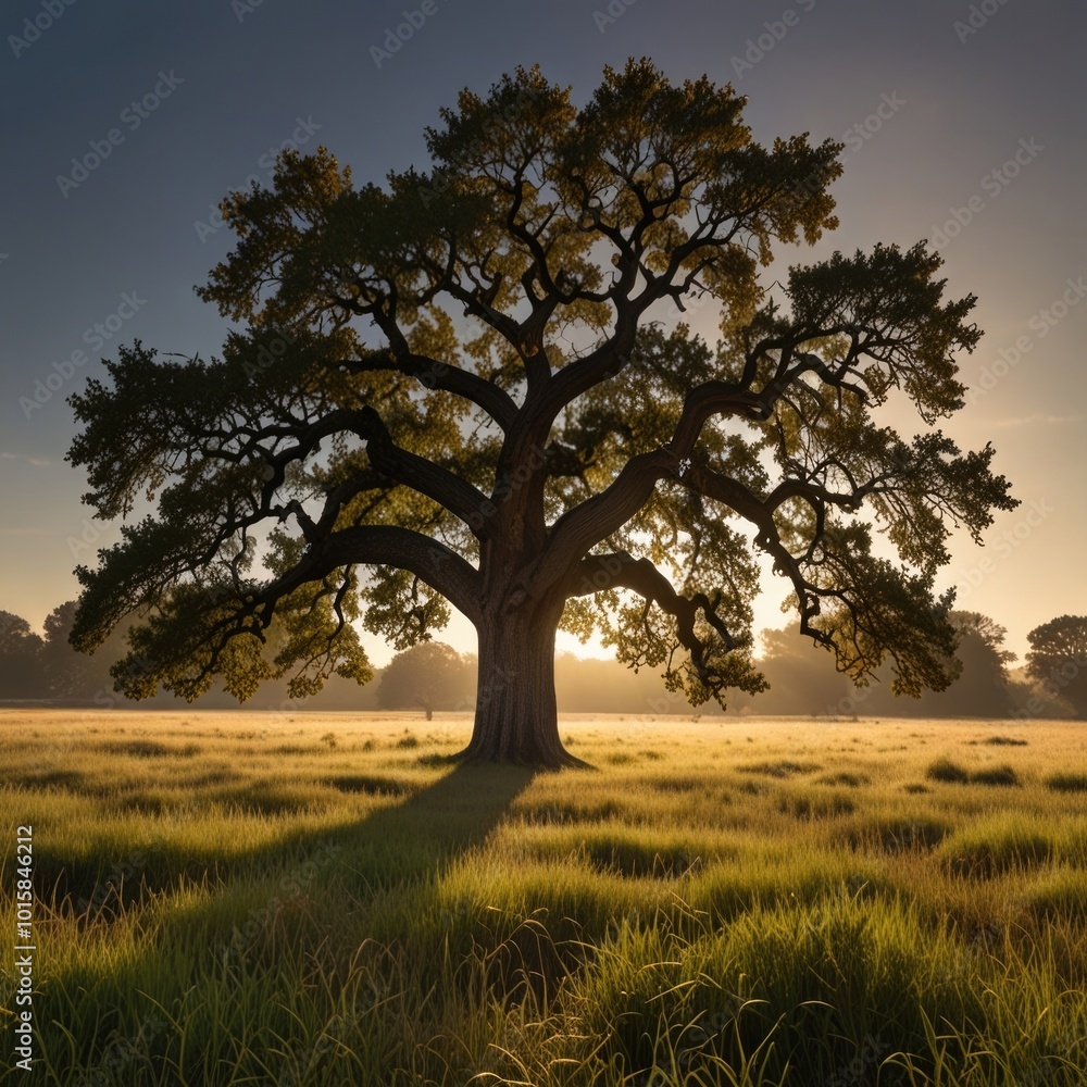 Mighty Oak Tree Standing in a Sunlit Meadow, Representing Strength and Growth in Nature Mighty Oak Tree Standing in a Sunlit Meadow, Representing Strength and Growth in Nature