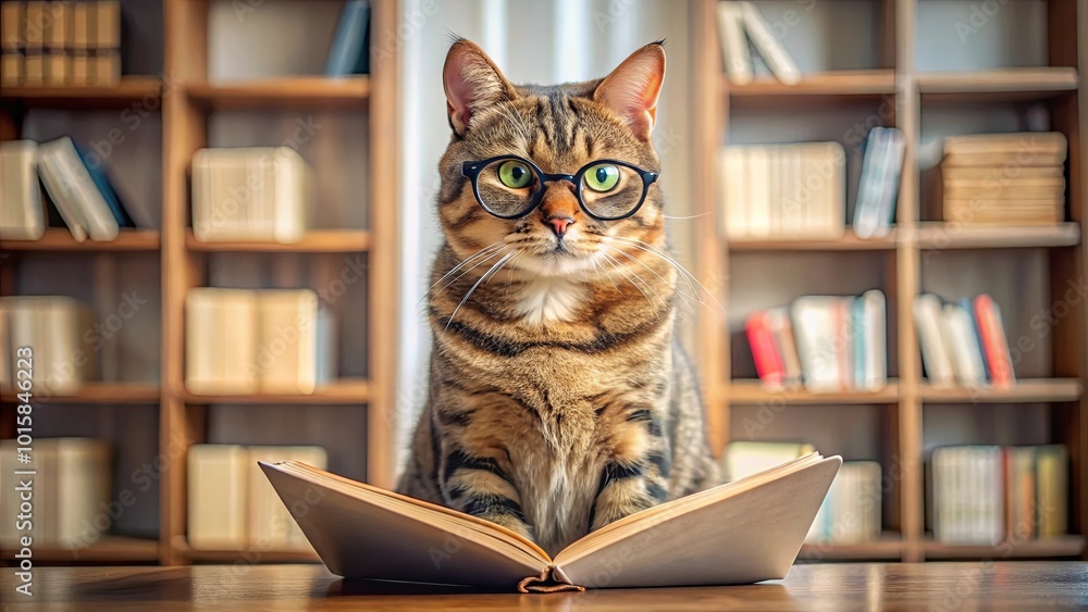 A Curious Cat Scholarly Immersed in the World of Literature with a Book Open Before it in a Room Filled with Bookshelves A Curious Cat Scholarly Immersed in the World of Literature with a Book Open Before it in a Room Filled with Bookshelves