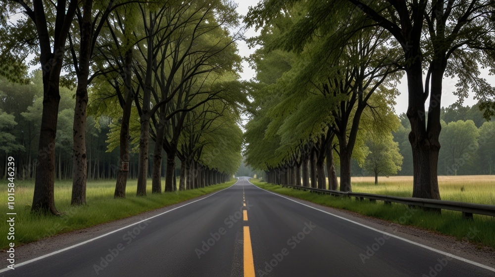 Serene Road Flanked by Trees on Either Side. A Tranquil and Peaceful Journey