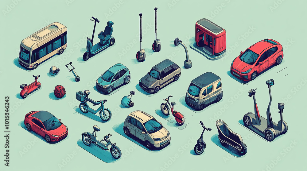 This illustration shows different ways to travel in an environmentally friendly way, including public transportation, electric cars, bikes, scooters, segways, and gyroscopes. This illustration shows different ways to travel in an environmentally friendly way, including public transportation, electric cars, bikes, scooters, segways, and gyroscopes.