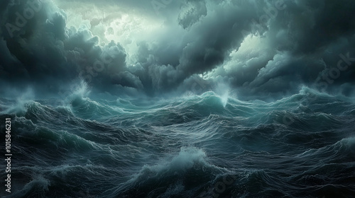 Rough Seas with Stormy Clouds Overhead. Dark, Powerful Nature Image. 