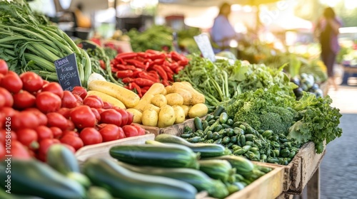 A vibrant farmers market with a small business owner selling organic vegetables, fresh produce displayed neatly, sunny outdoor setting