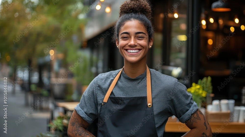 A young small business owner smiling in front of their restaurant, outdoor seating with a welcoming atmosphere, urban setting A young small business owner smiling in front of their restaurant, outdoor seating with a welcoming atmosphere, urban setting