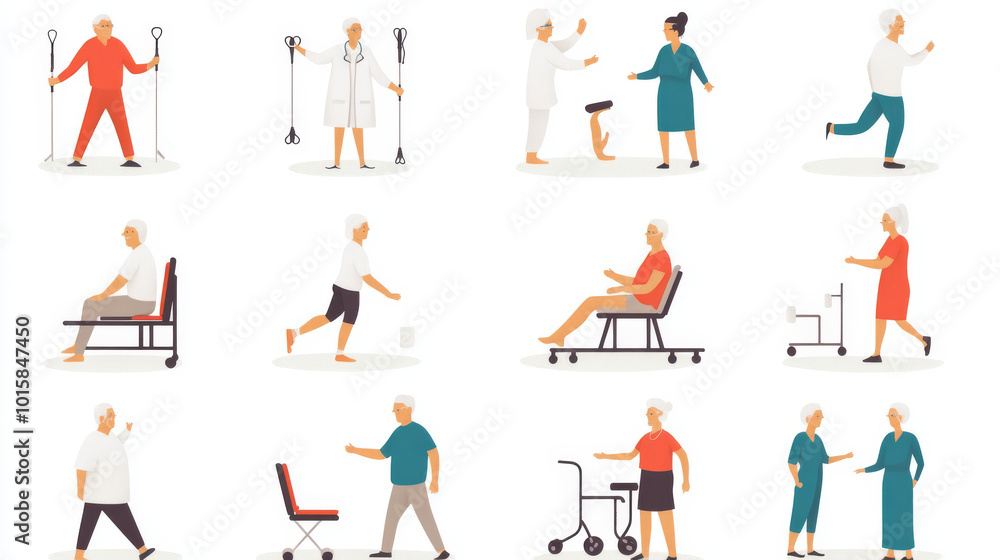 A set of icons showing different physiotherapy exercises for older adults with heart, brain, and nerve problems. A set of icons showing different physiotherapy exercises for older adults with heart, brain, and nerve problems.