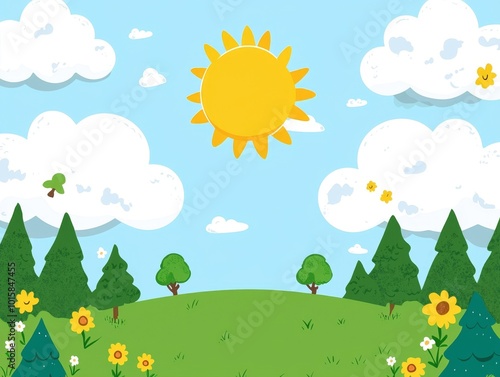 Idyllic Summertime Landscape with Lush Green Meadow and Sunny Sky