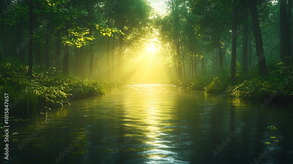 A stream gracefully winds its way through a dense forest, surrounded by vibrant green trees and foliage. A stream gracefully winds its way through a dense forest, surrounded by vibrant green trees and foliage.
