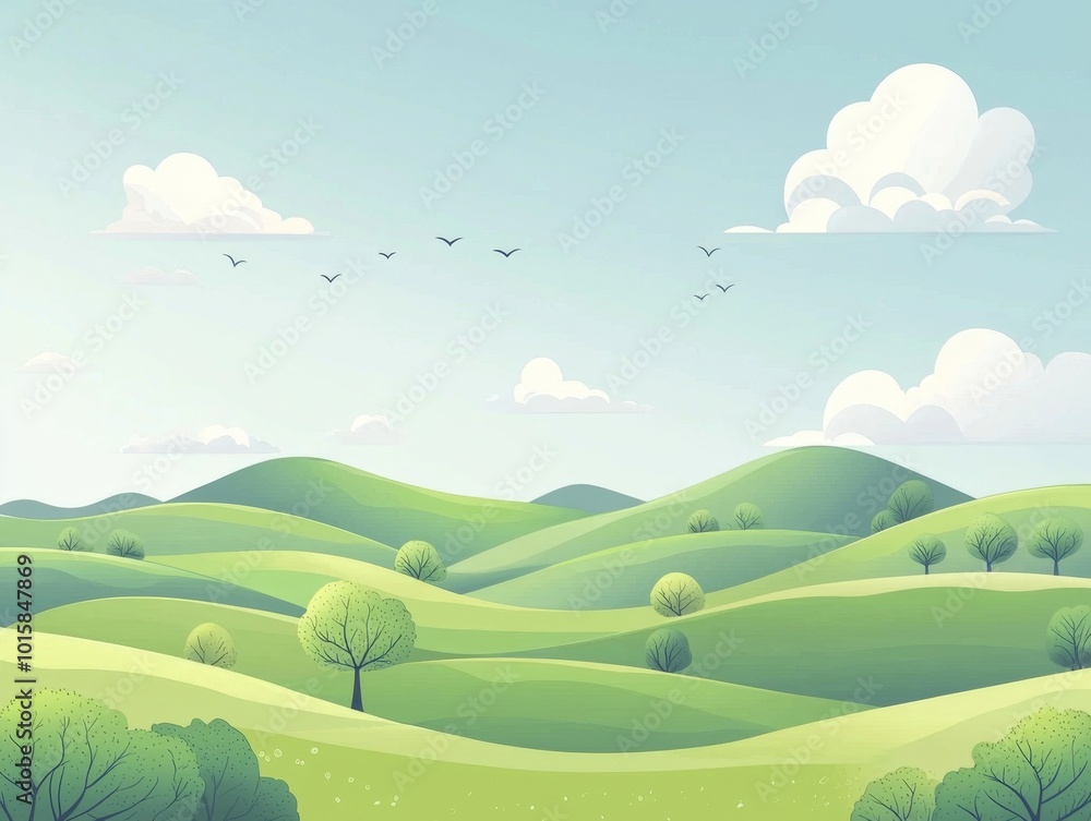 Fototapeta premium Lush green hills and mountains under a clear blue sky with fluffy white clouds and flying birds in