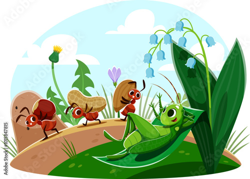 Cartoon ant characters with nuts and grasshopper lazy lying on leaf, vector kids story. Ants workers carrying nuts and looking at lazy cricket resting on flowers leaf for kids cartoon illustration