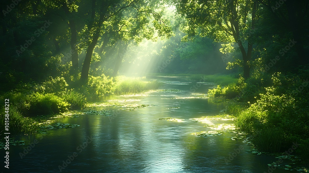 A stream gracefully winds its way through a dense forest, surrounded by vibrant green trees and foliage. A stream gracefully winds its way through a dense forest, surrounded by vibrant green trees and foliage.