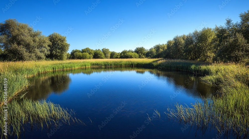 A circular pond encased by willows and thick reeds, the bright blue sky casting a calm reflection in the clear, still waters, nature in perfect harmony A circular pond encased by willows and thick reeds, the bright blue sky casting a calm reflection in the clear, still waters, nature in perfect harmony